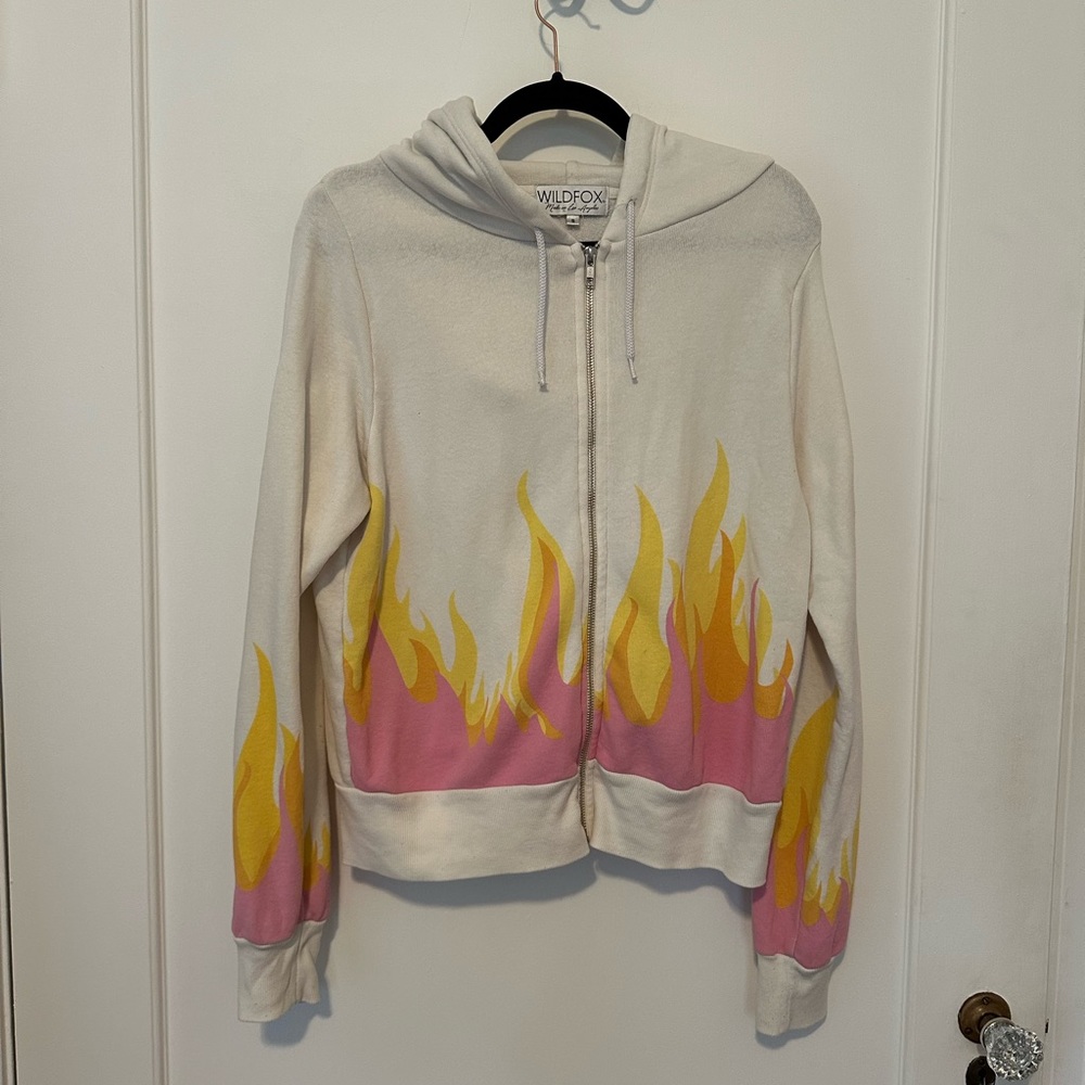 Wildfox white zip-up hoodie with pink/yellow/orange flames- Size S - Picture 5 of 13